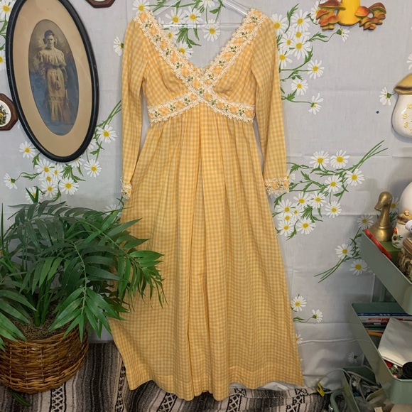 Vintage Pants - Vintage 70s yellow gingham wide leg jumpsuit